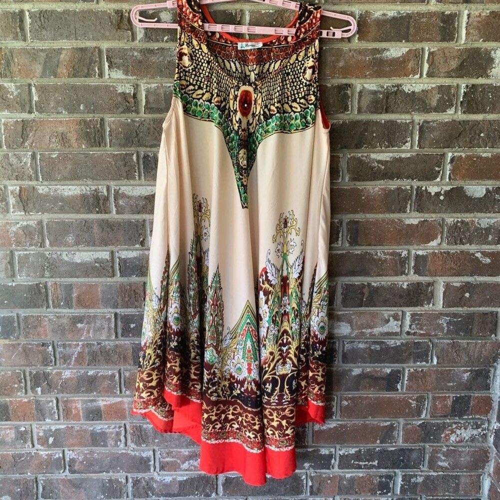 Lapogee Sleeveless Rhinestone Dress SZ 2X Beige Earth Tones Casual Asymmetrical